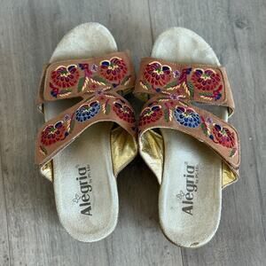 Alegria Linn Embroidered Leather Slip On Wedge Sandals Cognac Women's Size 6-6.5